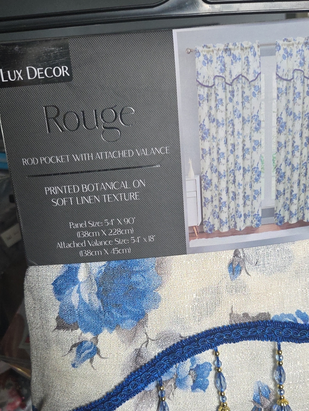 Rouge Helium Blue and Cream Floral Rod-Pocket Curtain Panel with Valance